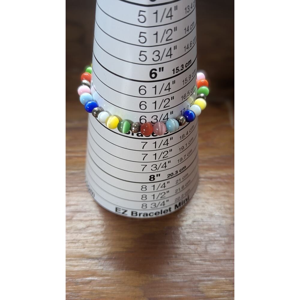 Vintage 925 Sterling Silver Rainbow Cats Eye Bead & Pyrite Bracelet 7"